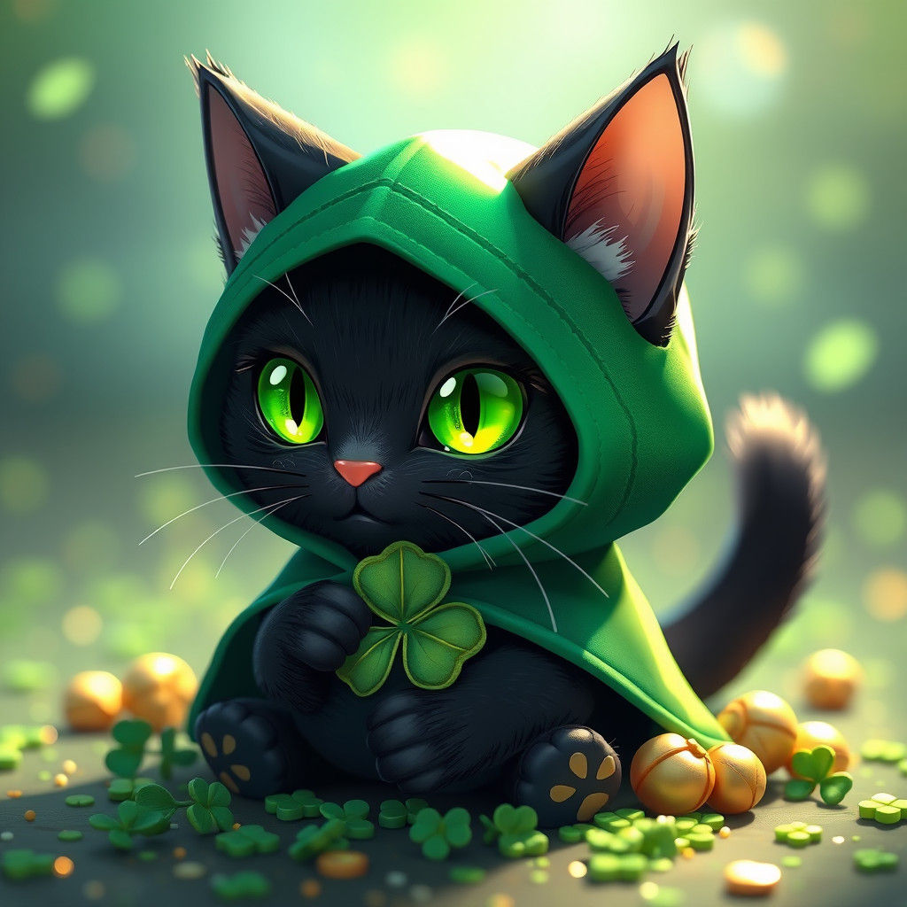 Lucky Black Cat with Clover in Anime Style