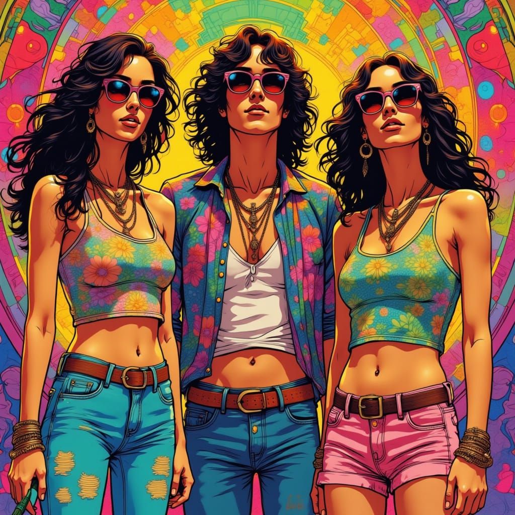 Psychedelic Hippie Scene in 1970s Style