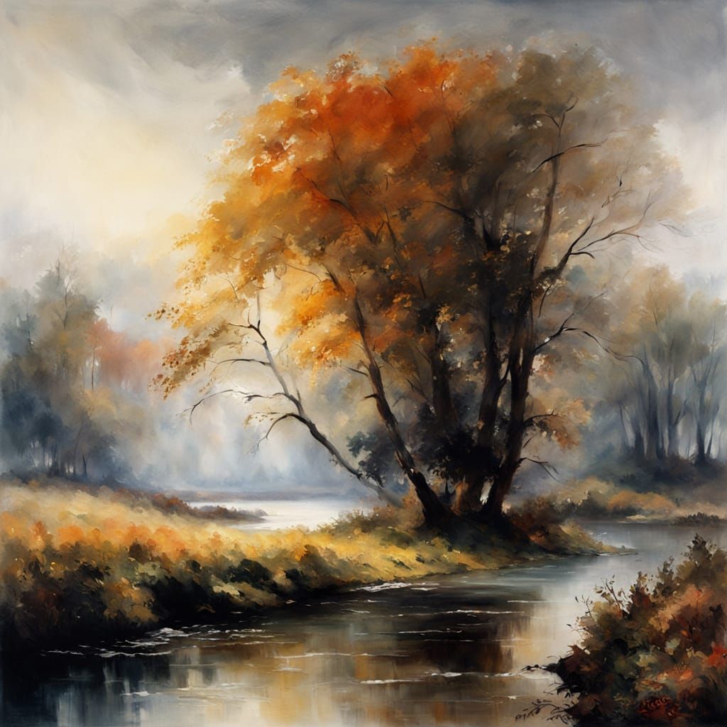 Misty Autumn Riverscape in Gouache Style