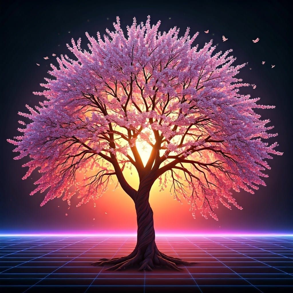 Majestic Almond Tree Blooms in Retro-Futuristic Neon Landsca...