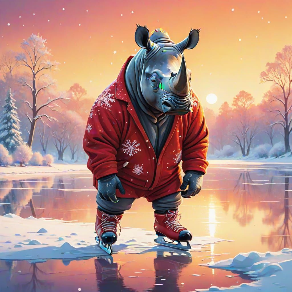 Rhino Ice Skating on Frozen Lake at Sunrise