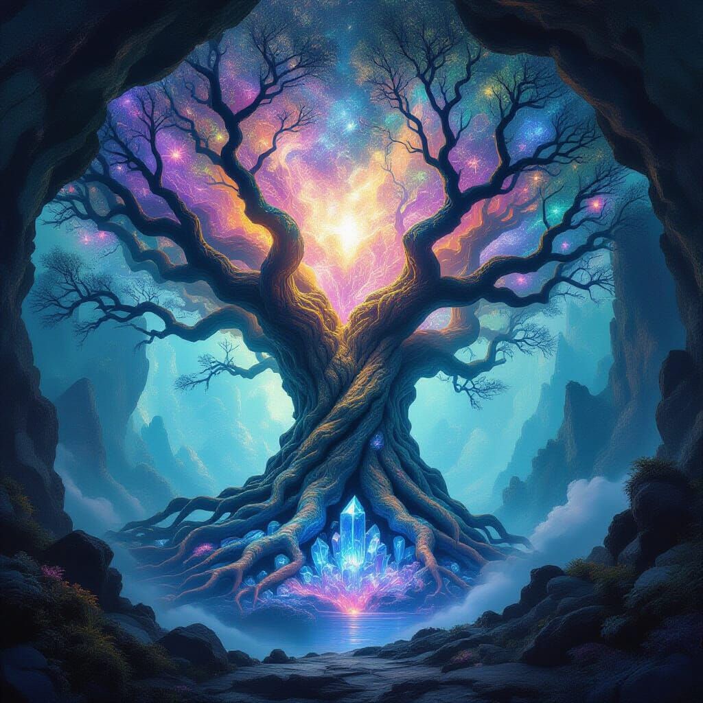 Cosmic Tree in Crystalline Cavern, Painterly Sci-Fi Style