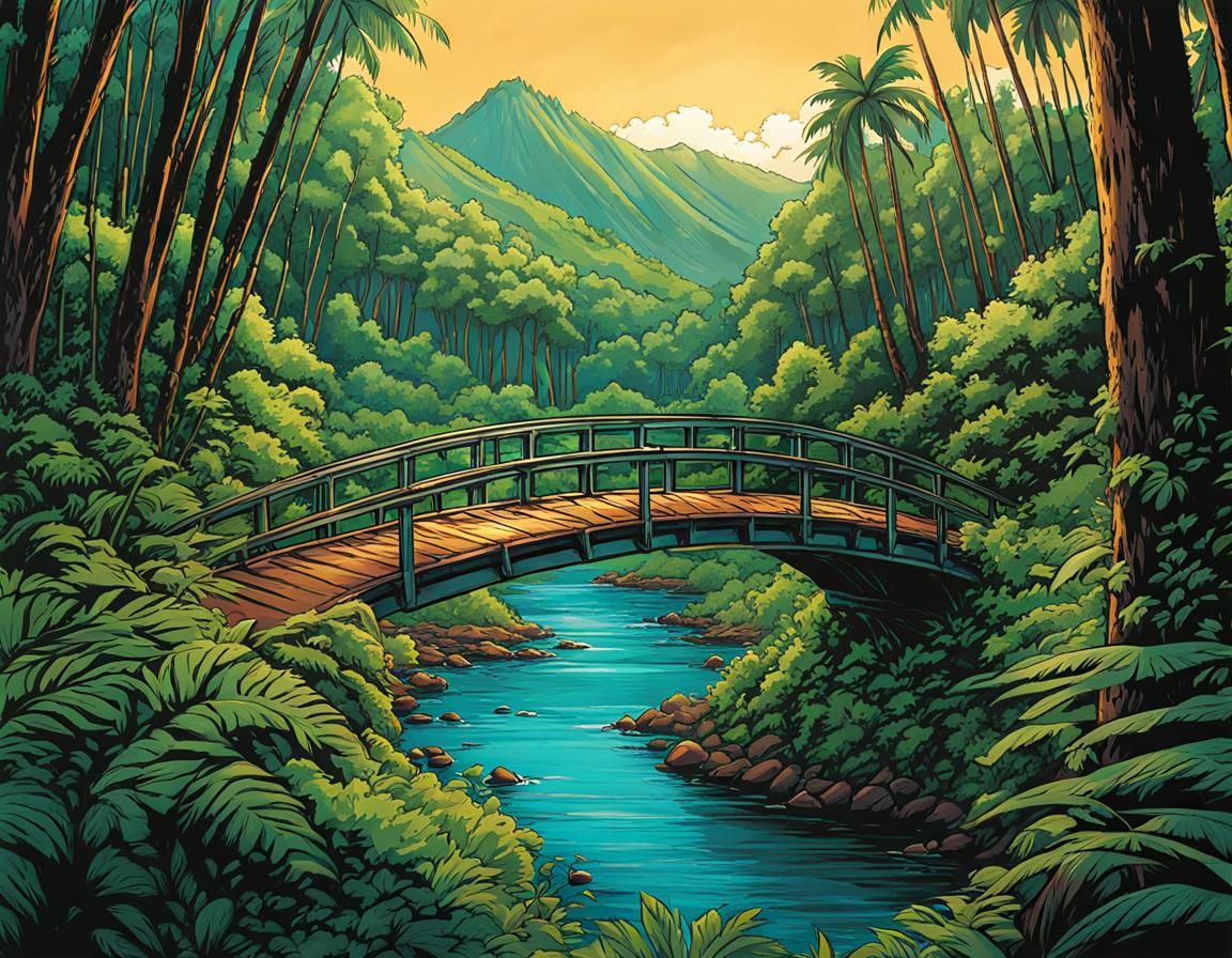 Hawaiian Forest River Bridge in Manga Comic Style
