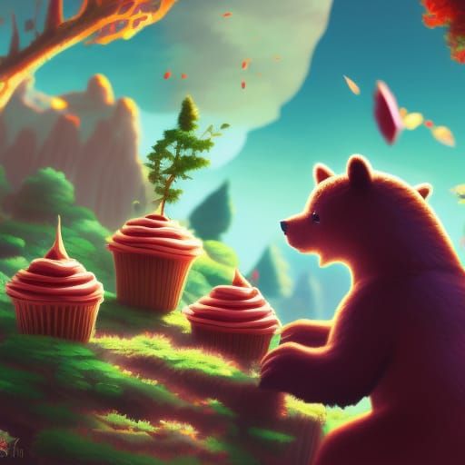 Adorable Tiny Bear Enjoys Cupcake: Anime Style