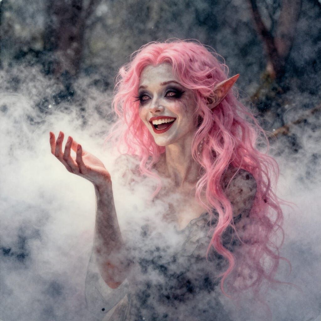 Evil Fairy Lost in Volumetric Fog, Watercolor Style