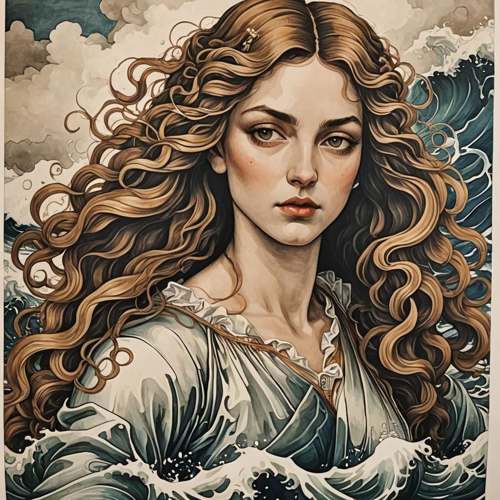 Ocean Waves in European Ink Print Style