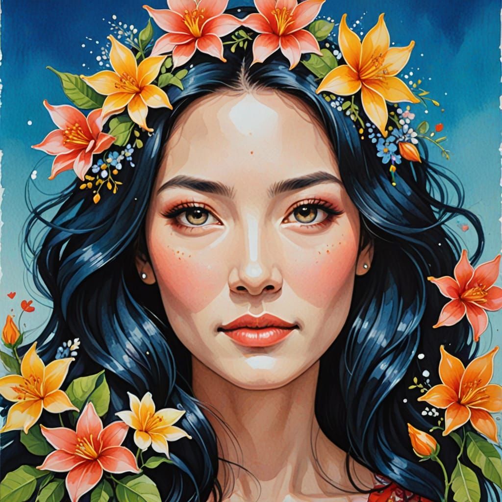 Radiant Portrayal of Inner Beauty in a Gouache Painting