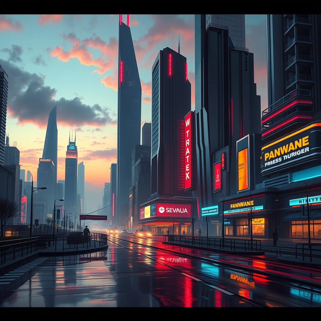 Futuristic Cityscape at Dusk with Neon Lights