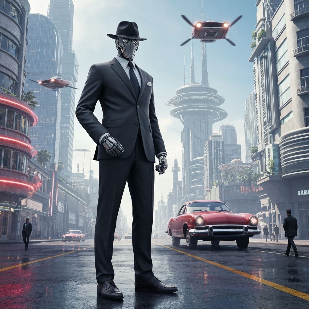 Robot in Suit in Retro-Futuristic Cityscape, Hyperrealistic ...