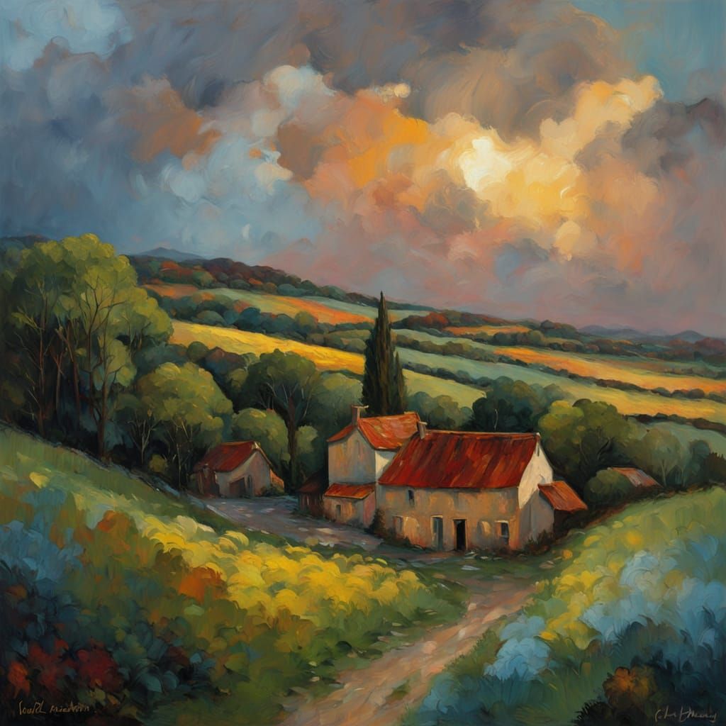 Vibrant Celtic Village Under Turbulent Sky