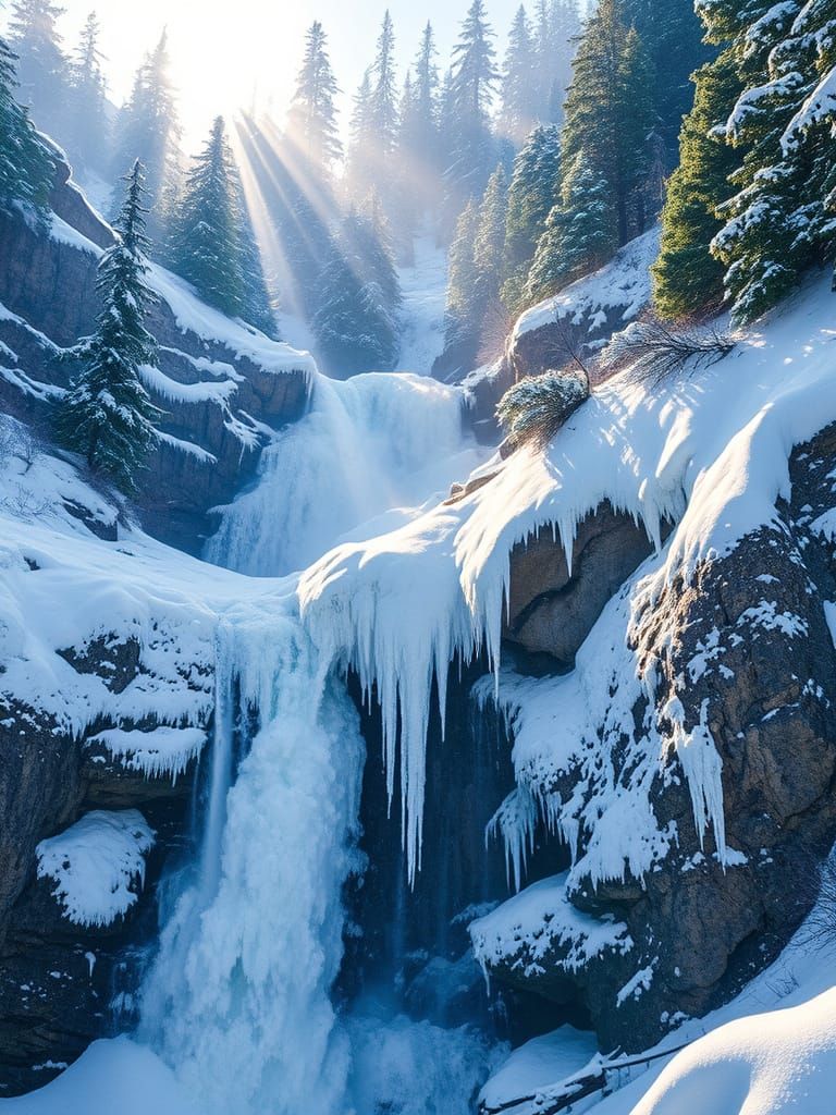 Snowy Waterfall in Neo-Expressionist Winter Landscape