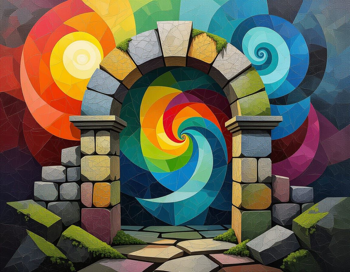 Ancient Mossy Archway in Surreal Impasto Style