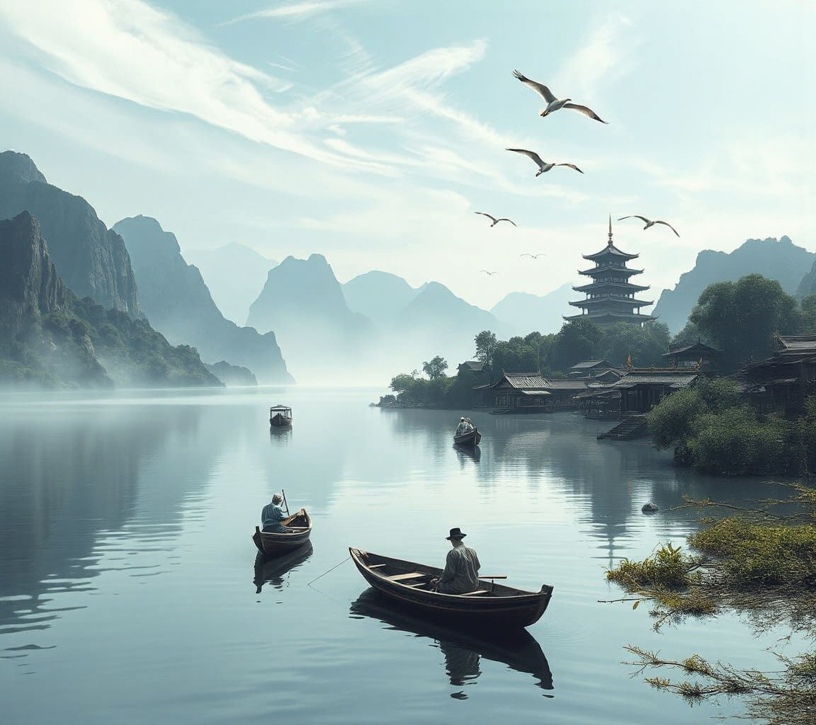 Mystical Chinese Village by Lake in Impressionist Style