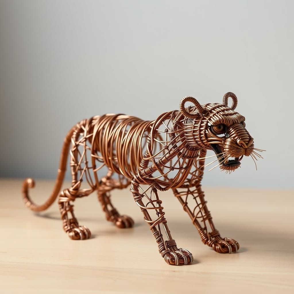 Intricate Wire Sculpture of a Majestic Tiger