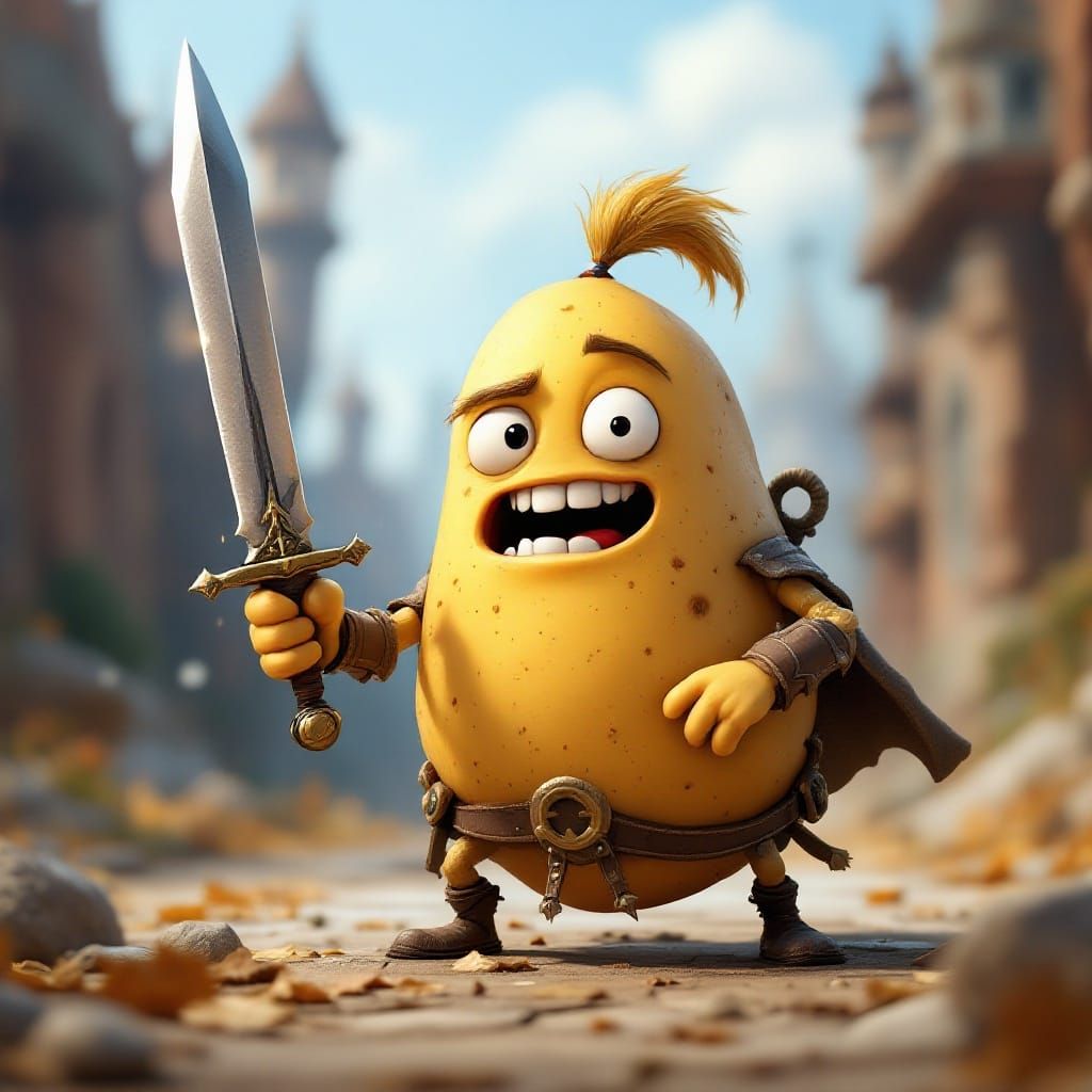 Potato Warrior in Whimsical Cartoon Realism