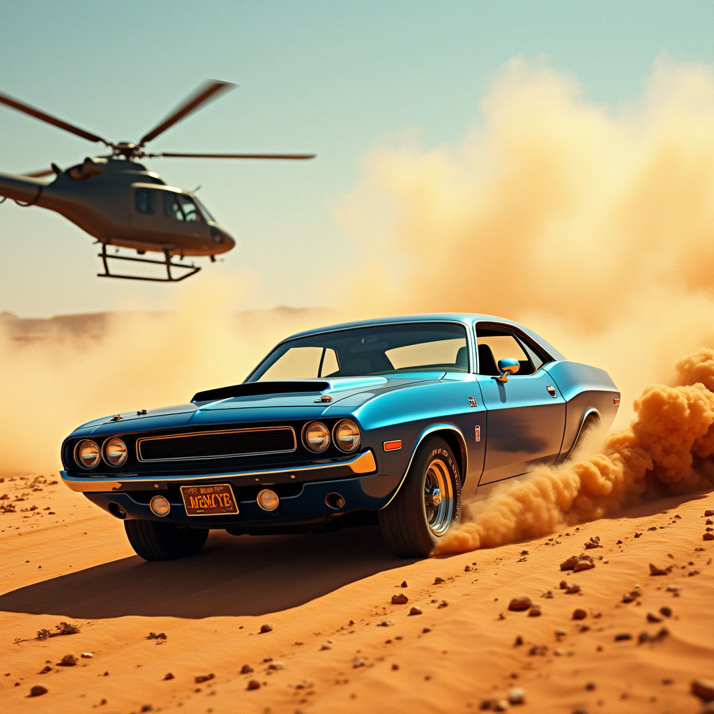 Blue Muscle Car Desert Chase in Cinematic Style