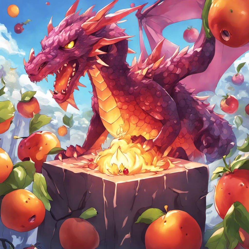 Fiery Dragon Emerges From Fruit Cube in Anime Style