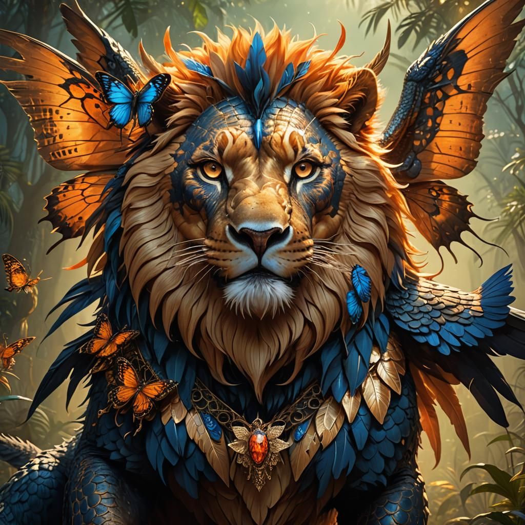 Lion-Crocodile-Owl Creature with Butterfly Wings