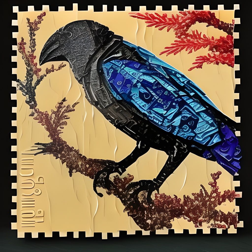 Detailed Raven Made of Postage Stamps