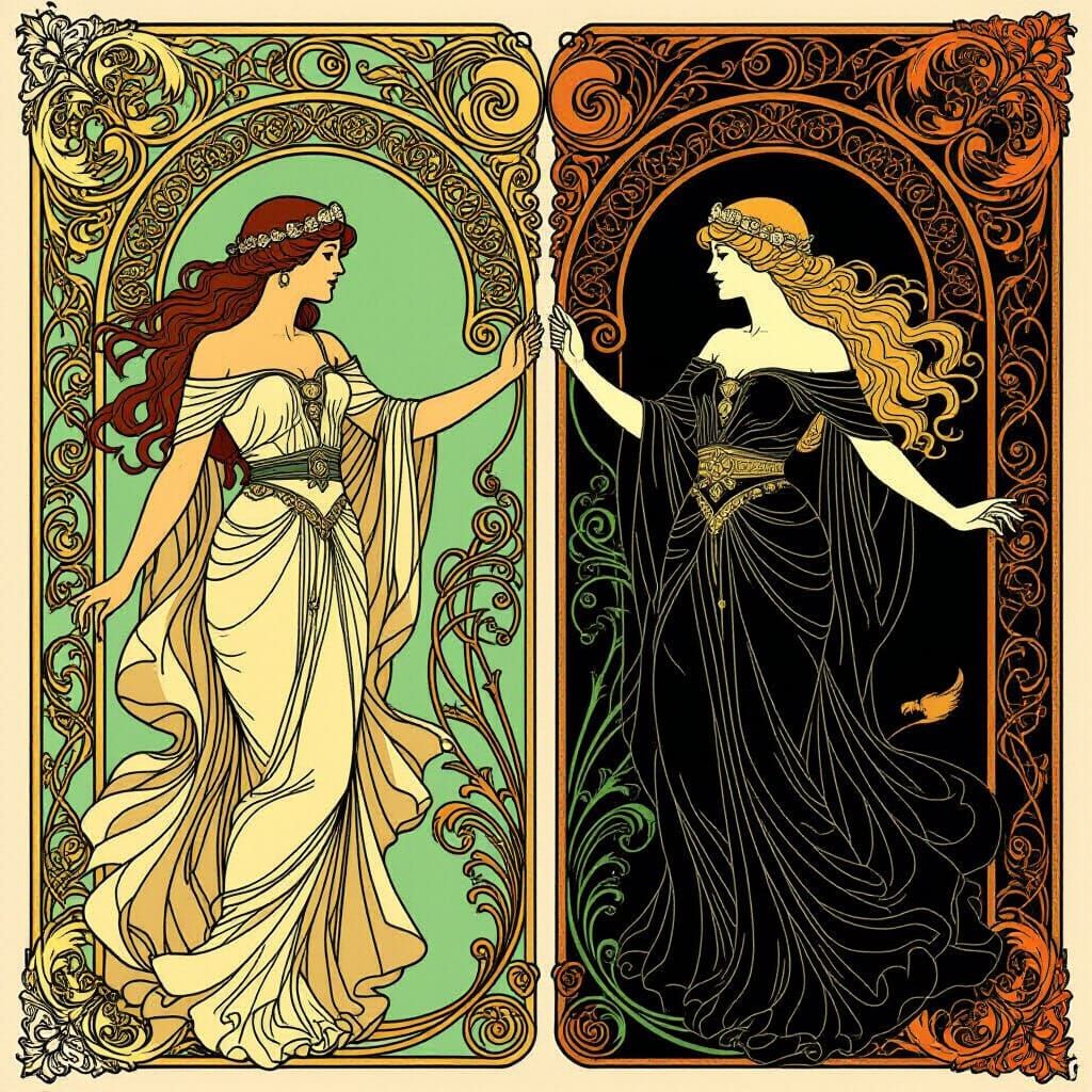 Art Nouveau Design Symbolizing Triumph of Light Over Darknes...