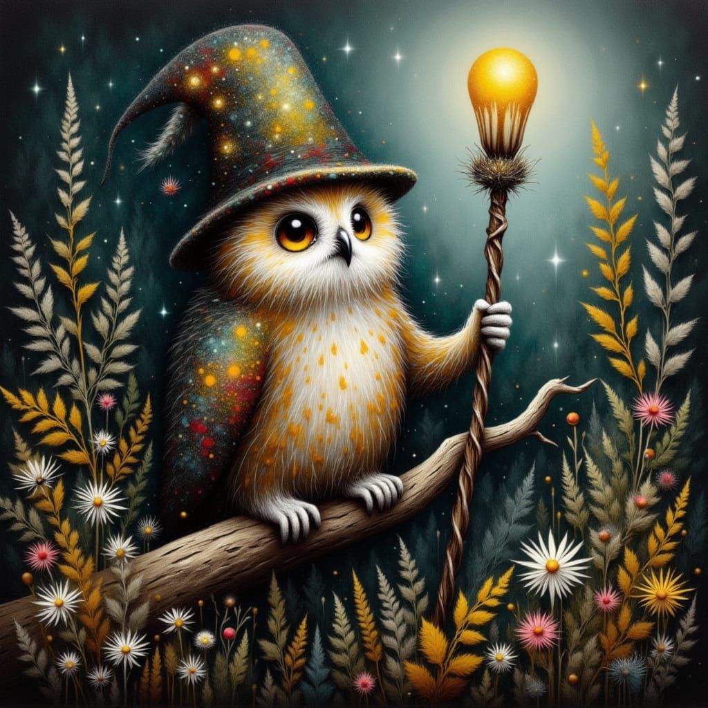 A Wise Old Owl in a Whimsical, Starry Hat