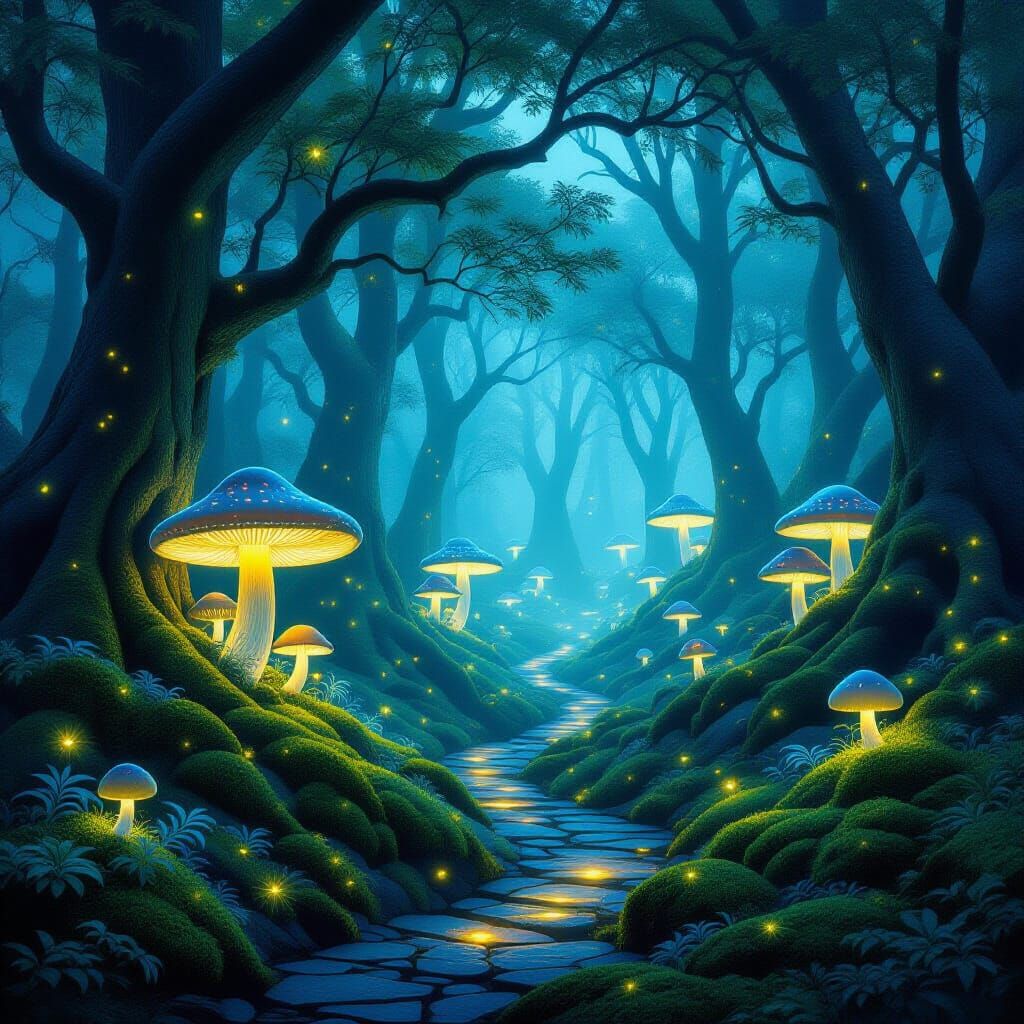 Bioluminescent Mushroom Village in Ginkgo Forest