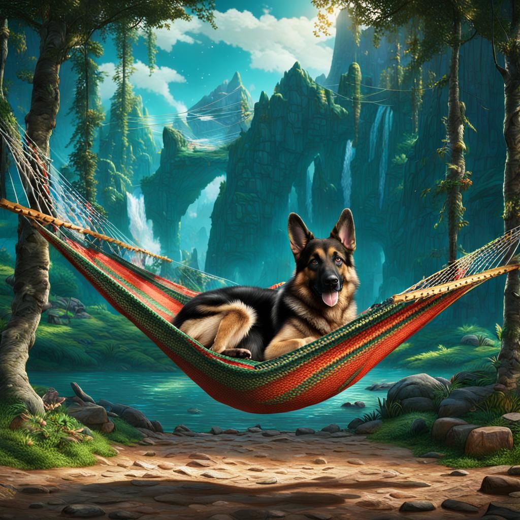 German Shepherd Lounging in Detailed Fantasy Art