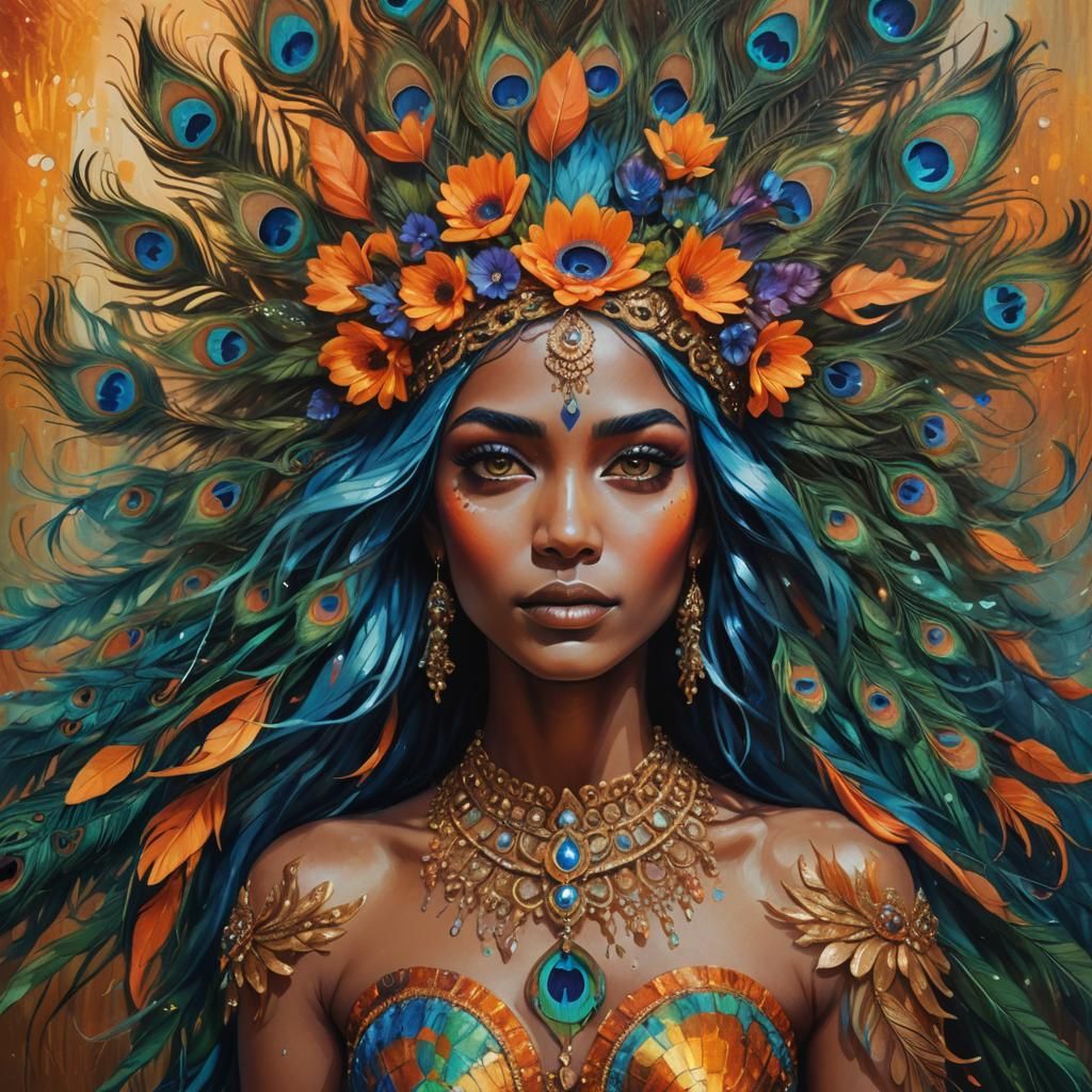 Peacock Feather Woman in Vibrant Oil Painting