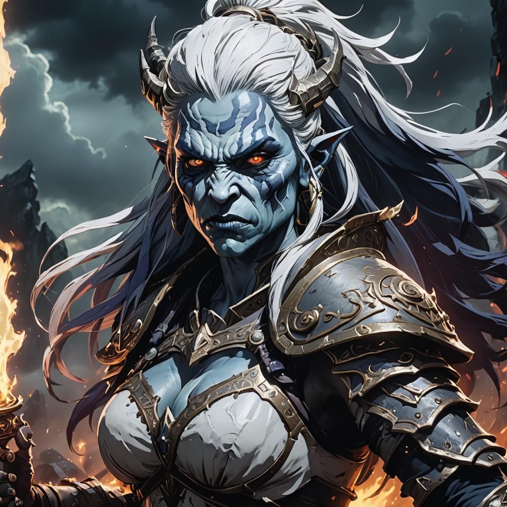 Anime White Orc Warrior Struggles Against Dark Magic