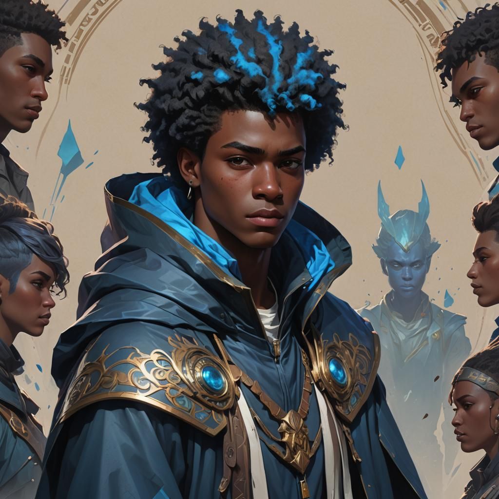 Teenage Boy Portrait with Blue Frohawk in Hyperdetailed Styl...