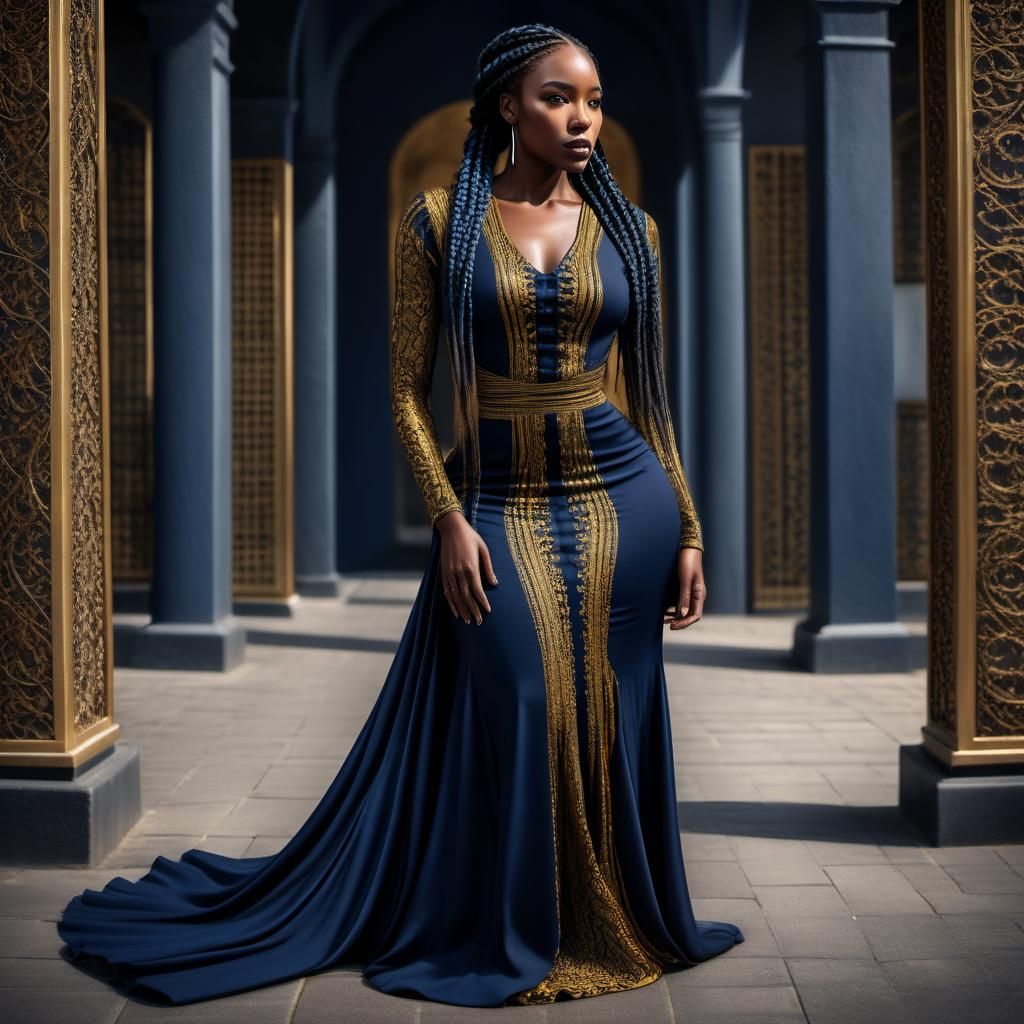 Beautiful Black Girl in Golden Dress, Hyperrealistic