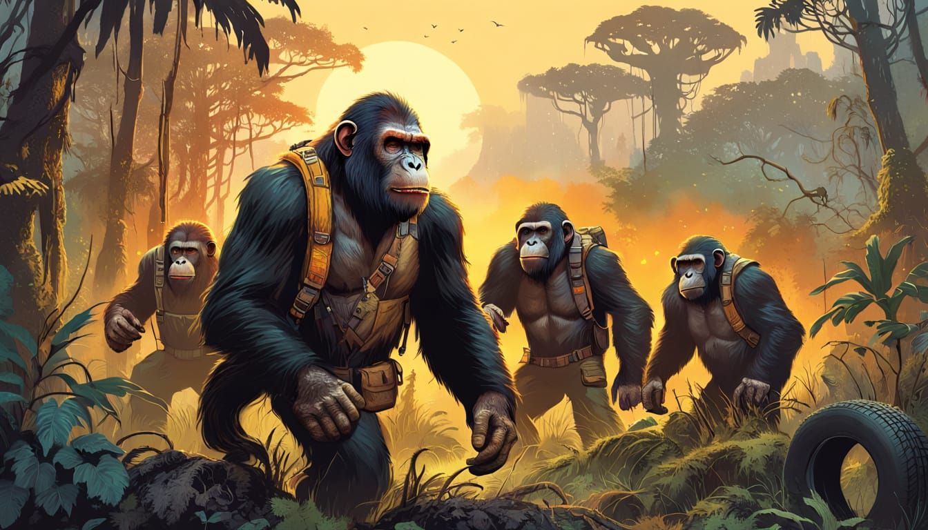 Apes Rolling Tires Through Jungle: Fantasy Illustration