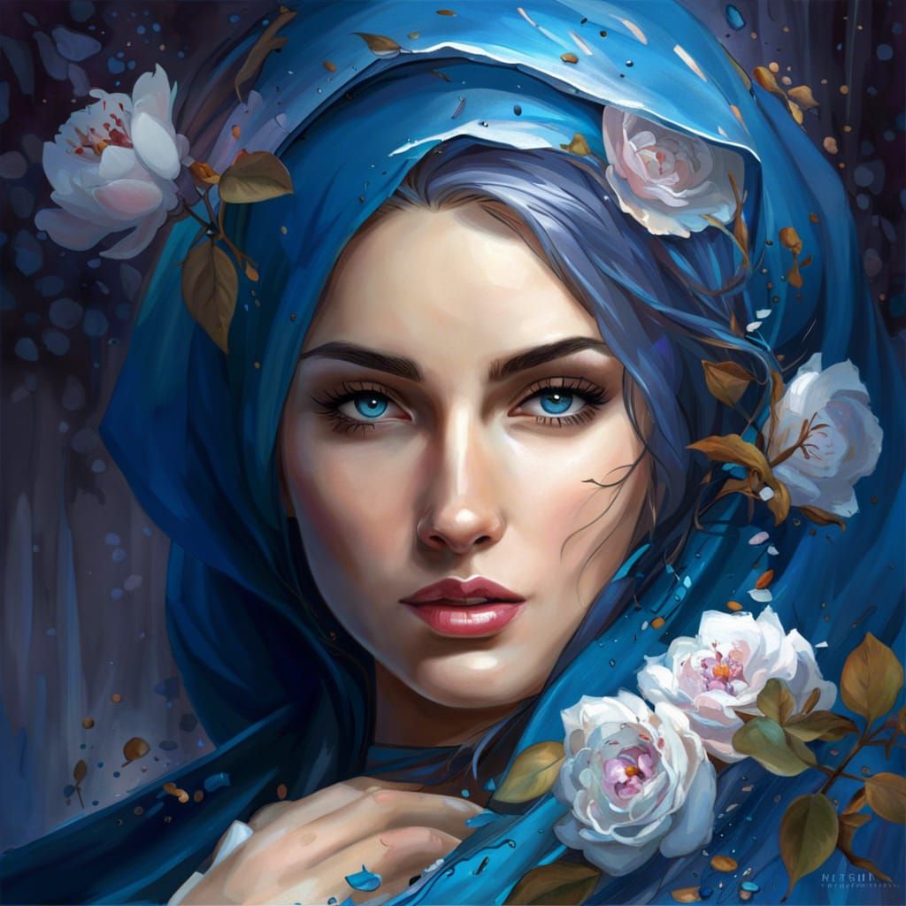 Beautiful Woman in Hijab Portrait with Rose Blossoms