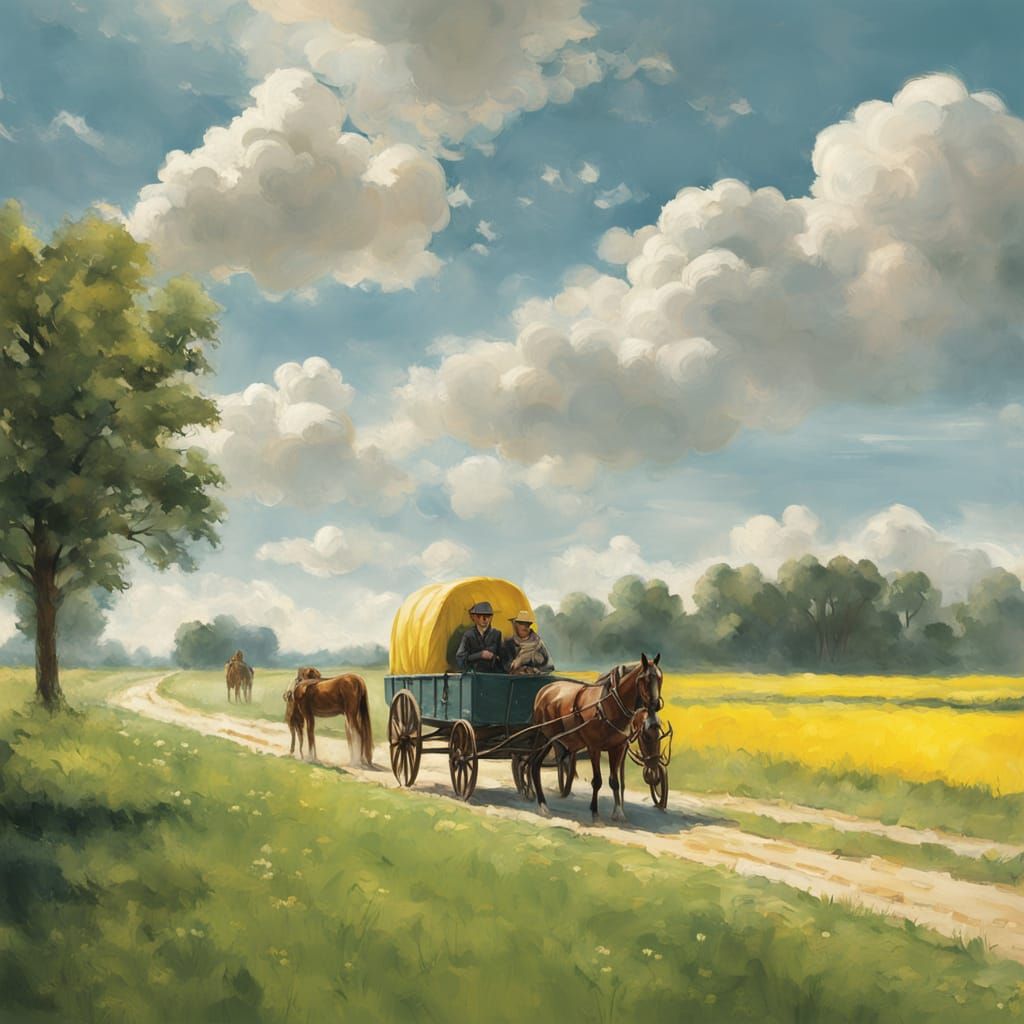 Picturesque Horse-Drawn Wagon Ride Through Open Fields