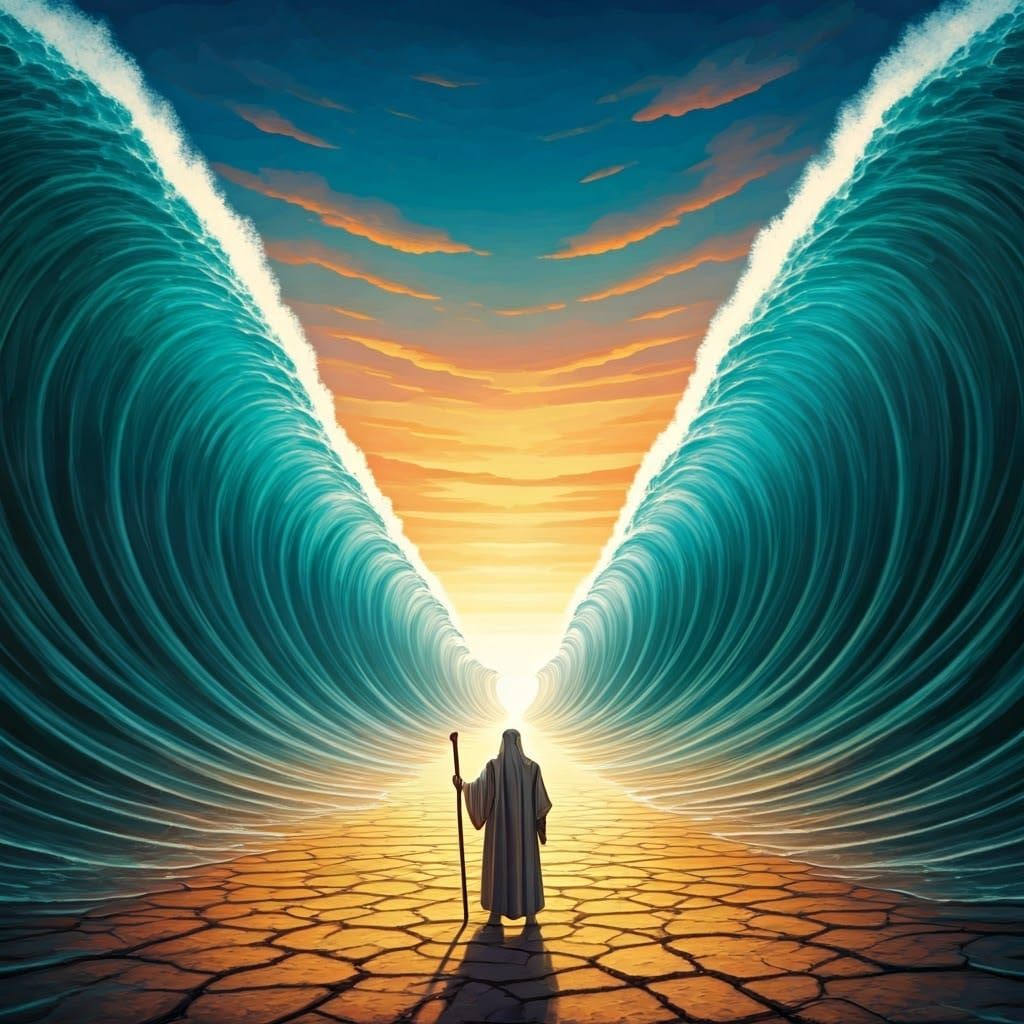 Biblical Scene: Moses Parting the Red Sea in a Dramatic, Div...