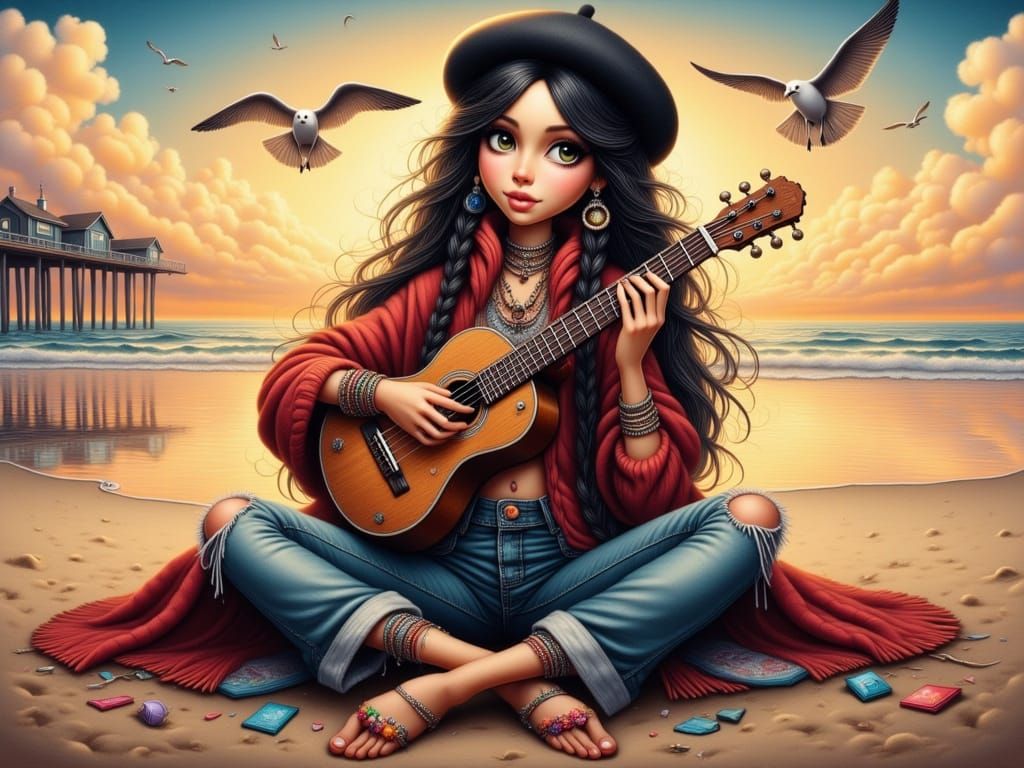 Whimsical Native American Girl in Dreamy Beach Scene