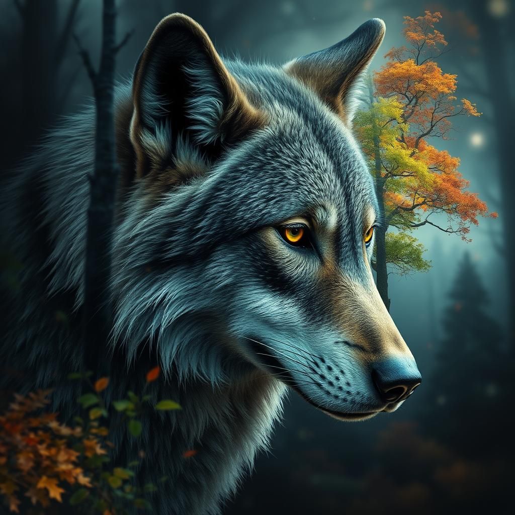 Surreal Wolf Forest Portrait in Max Ernst Style