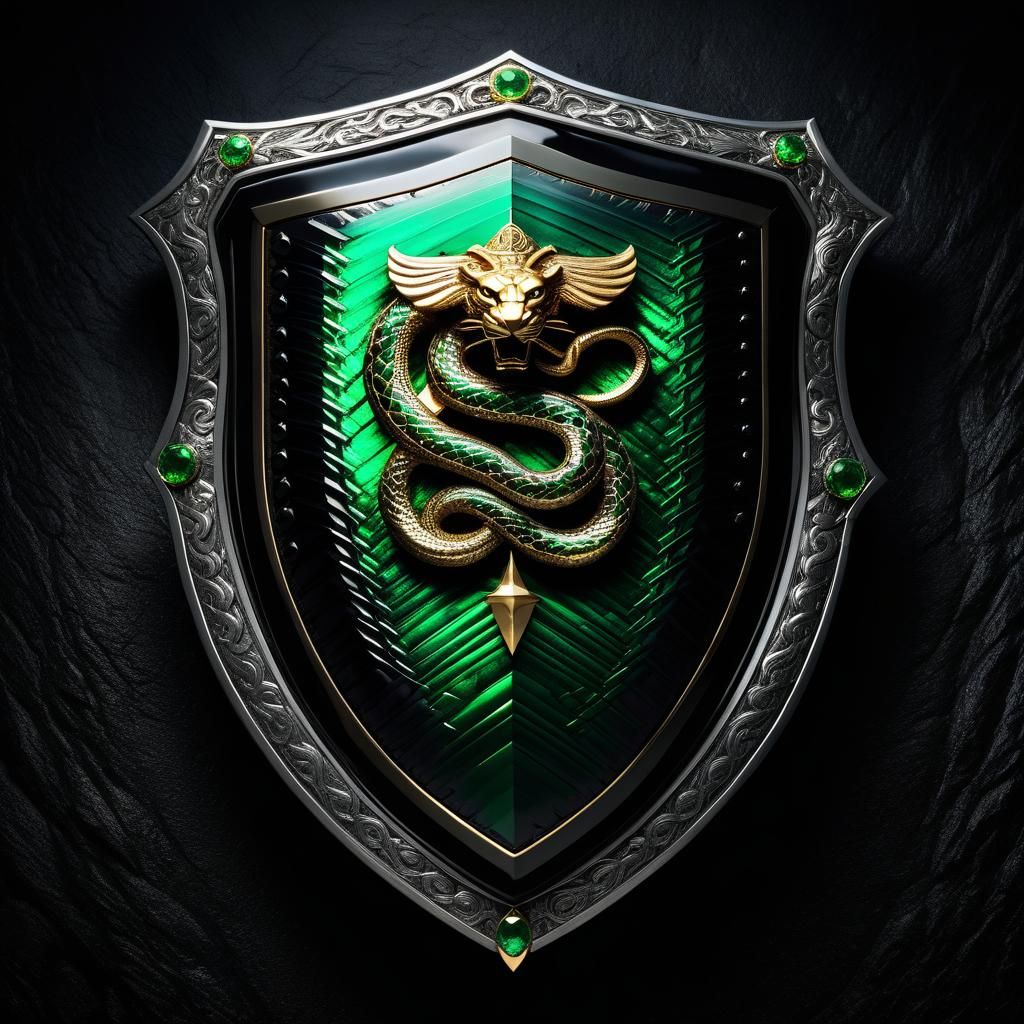 Obsidian and Emerald Serpent Shield: Hyperrealistic Detail