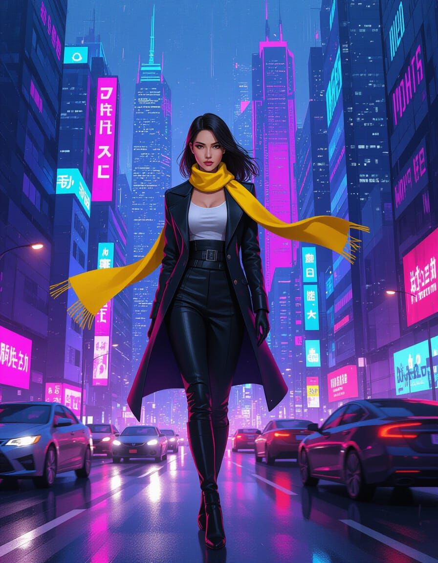 Woman in Yellow Scarf Amidst Futuristic Cityscape