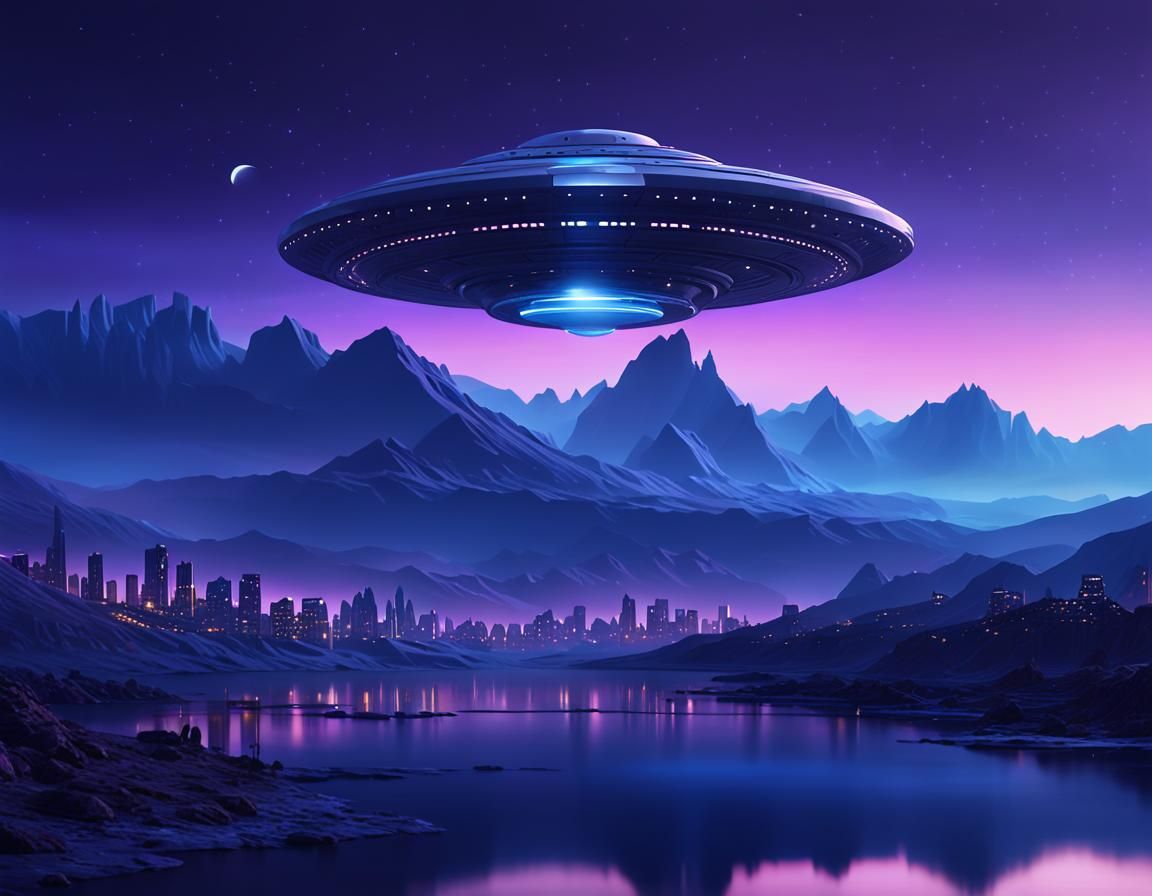 Spindle UFO Hovers Over City at Dusk