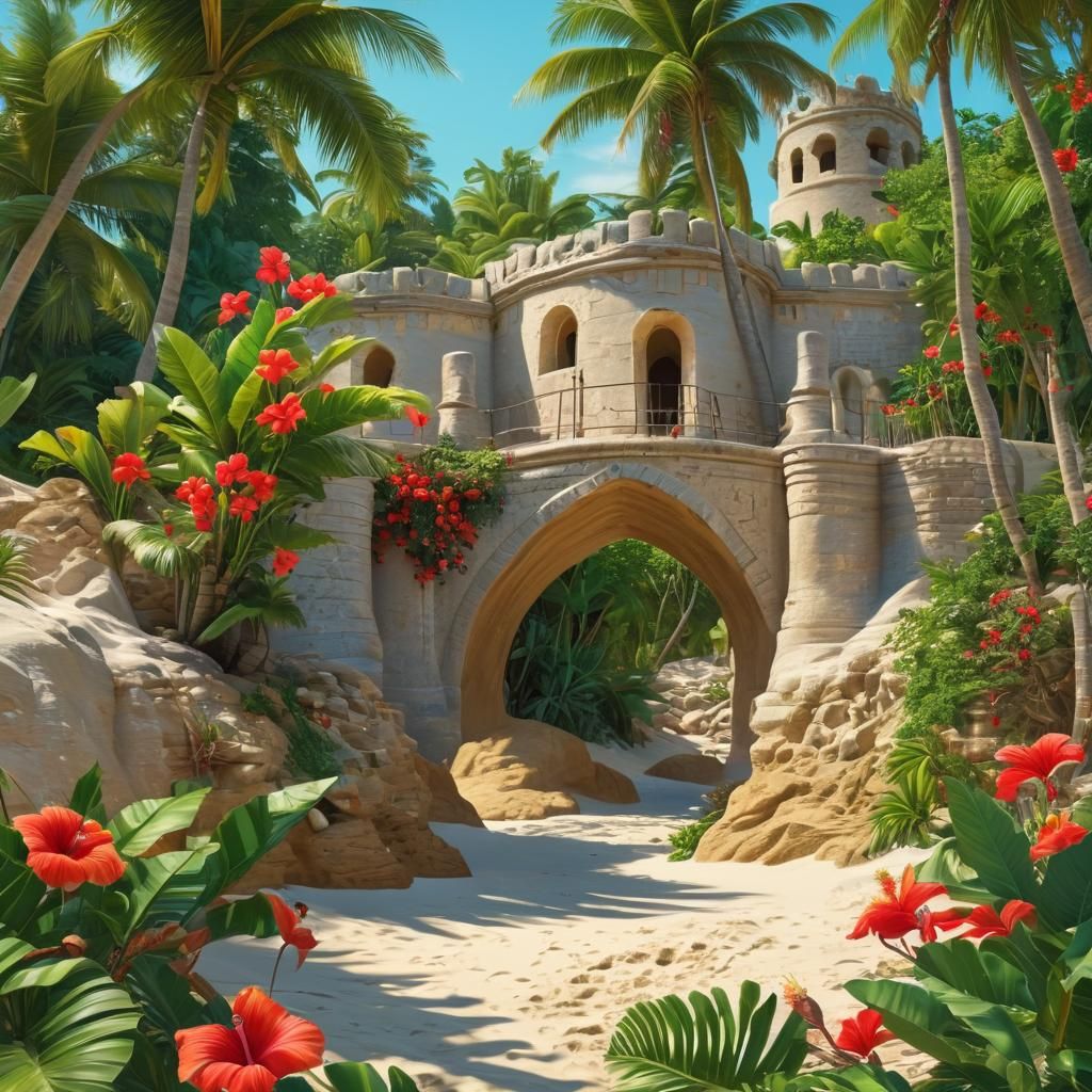 Tropical Sandcastle Splash Art on Caribbean Island