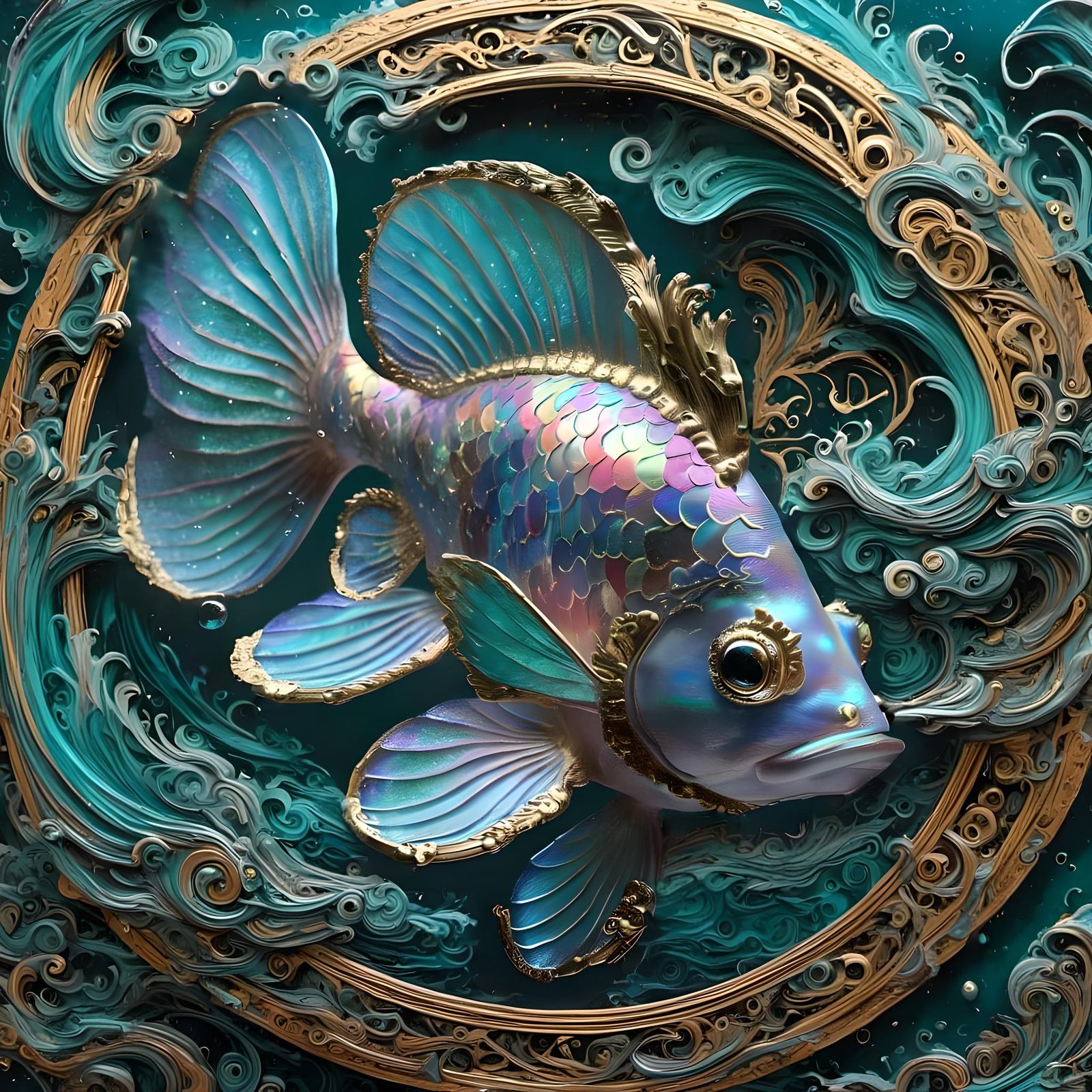 Iridescent Bubbles Under Deep Teal Water as Rococo Art