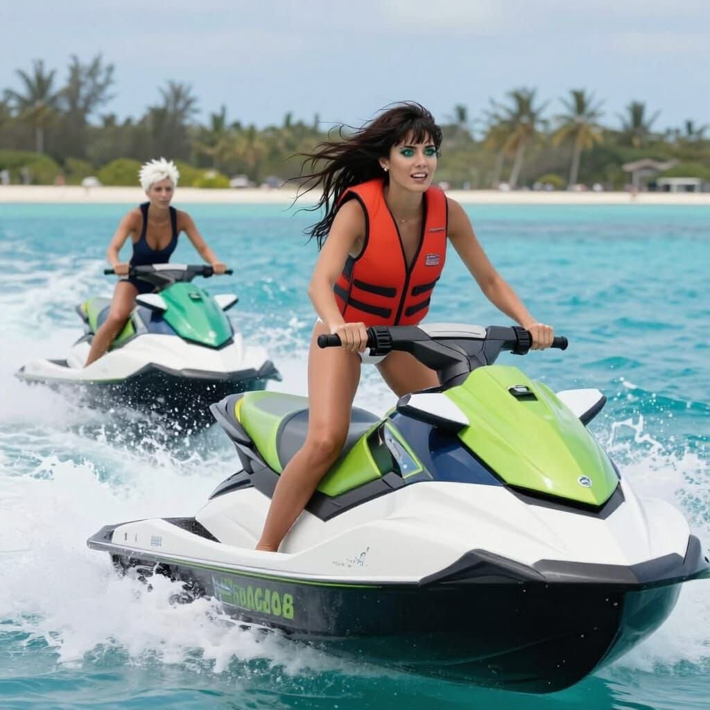 Women Racing Jet Skis in Caribbean Waters