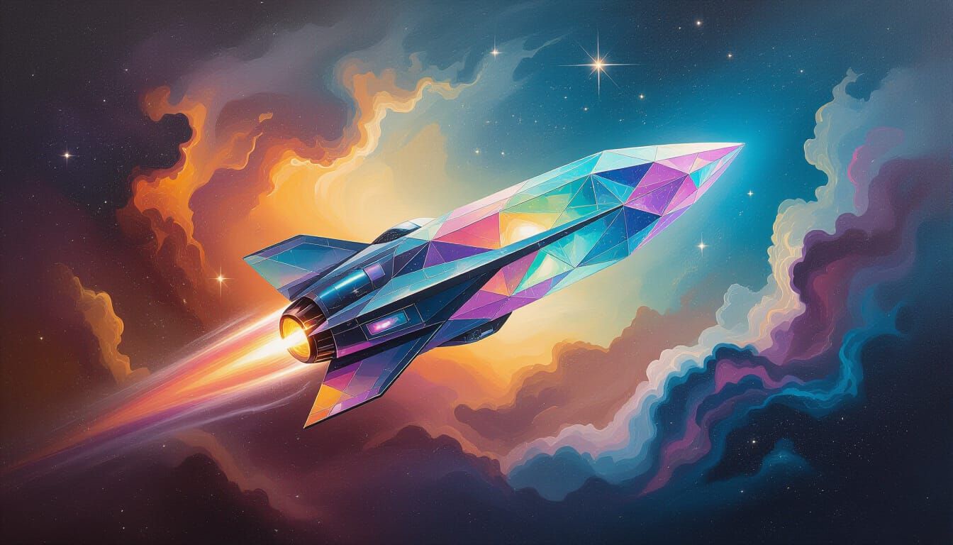 Crystalline Spaceship Soaring Through Iridescent Nebula