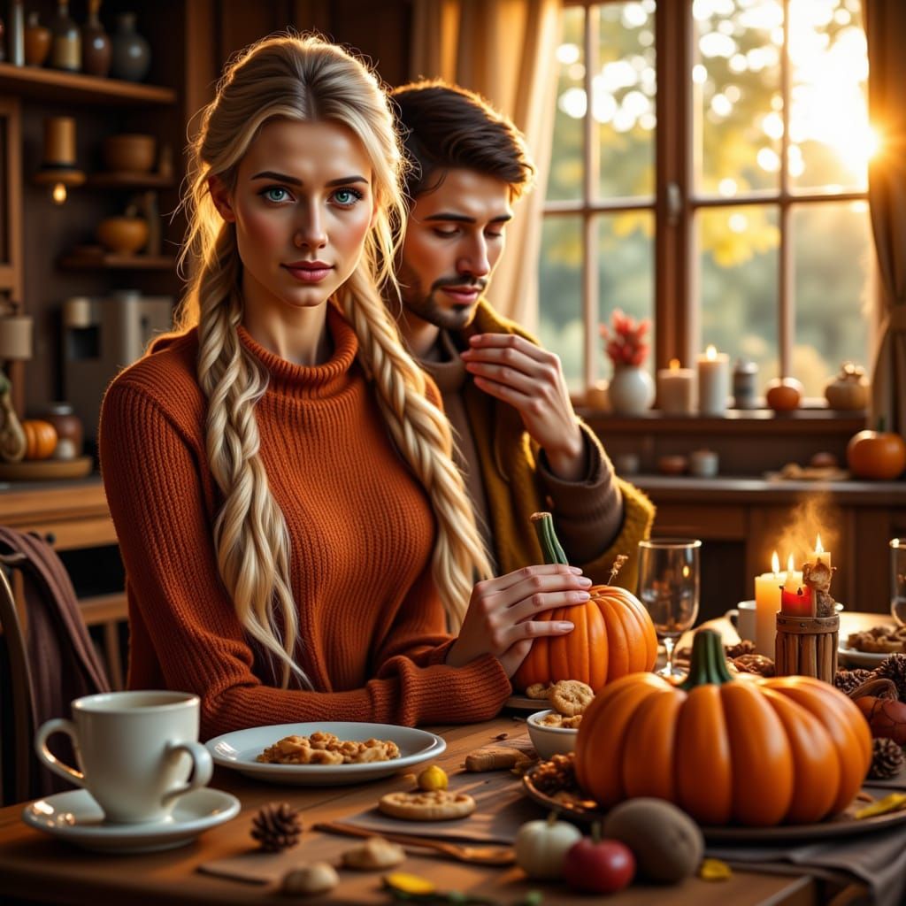 Couple Arranging Autumn Display in Golden Sunlight
