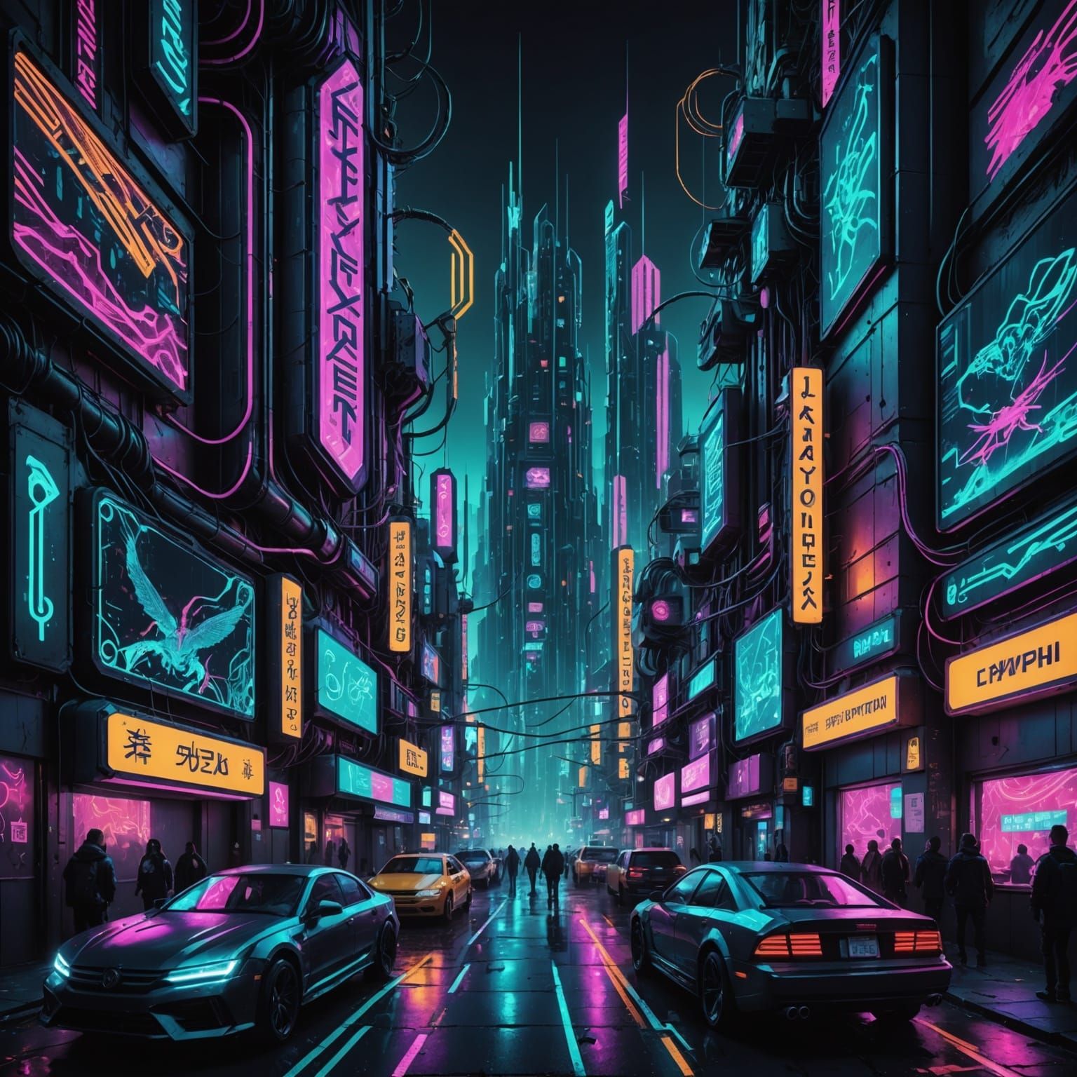 Cyberpunk Cityscape with Bio-Organic Creatures and Neon Ligh...