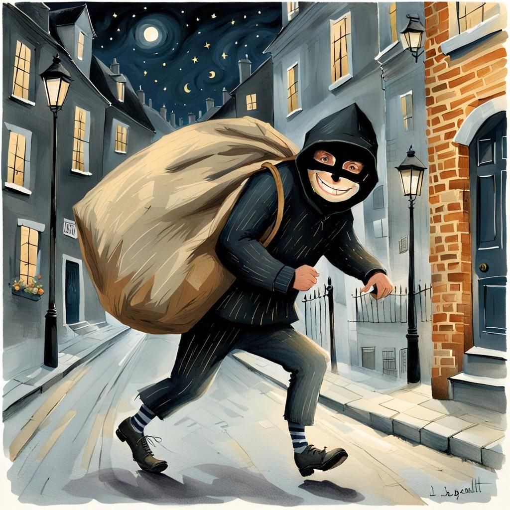 Smiling Burglar Running at Night, Children's Illustration