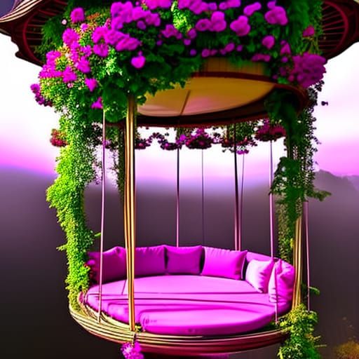 Magenta pink Gothic Round Swing Bed with Pergola Roof and Planters& gothic vibes& ethereal vibes& magical vibes& dark fa...