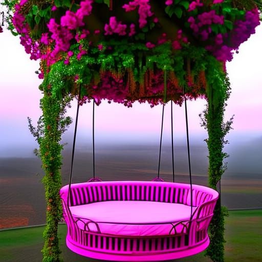 Magenta pink Gothic Round Swing Bed with Pergola Roof and Planters& gothic vibes& ethereal vibes& magical vibes& dark fa...