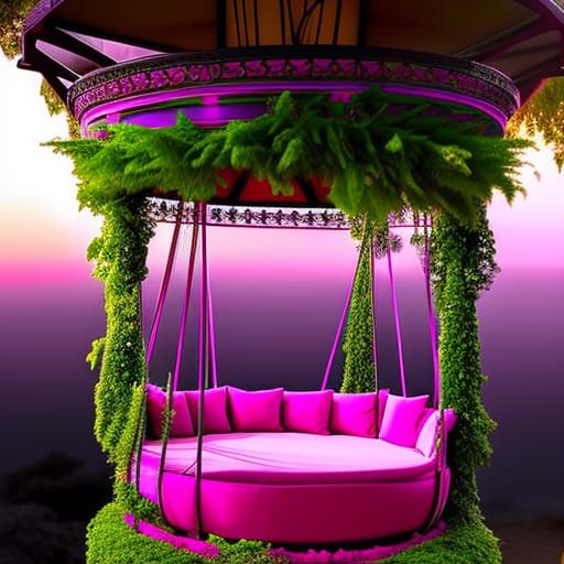 Magenta pink Gothic Round Swing Bed with Pergola Roof and Planters& gothic vibes& ethereal vibes& magical vibes& dark fa...